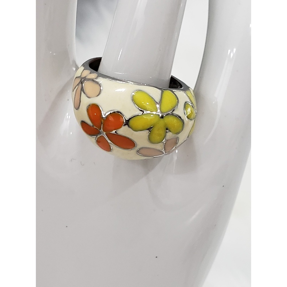 Enamel Floral Pattern Wide Band Ring Size 8.5 mod daisy pink orange green